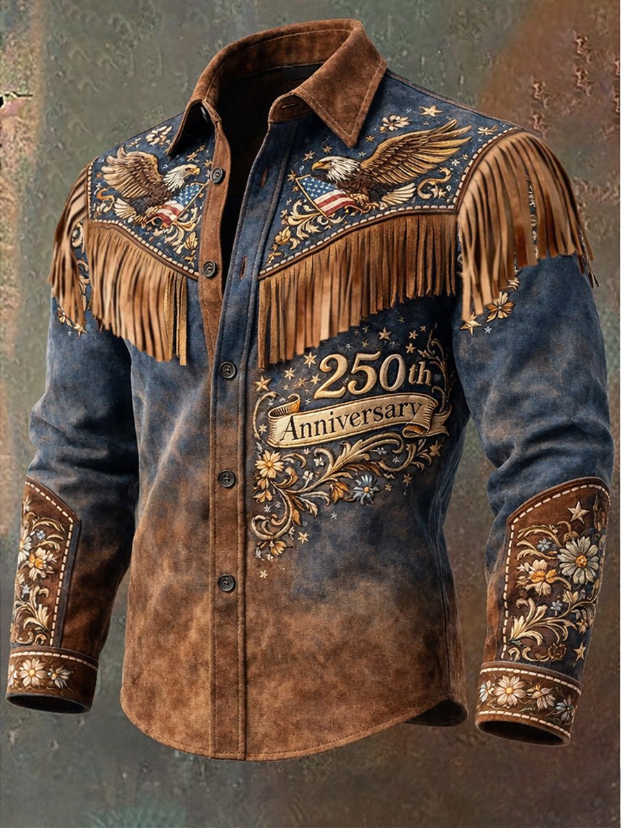 Men's Retro Western Style Art Print Vintage Tassel Casual Long Sleeve Shirt